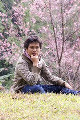 Thai man with Wild Himalayan Cherry, portrait