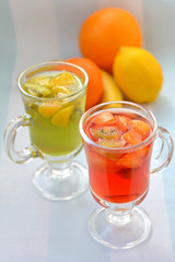 Colorful raspberry and kiwi jelly on foreground