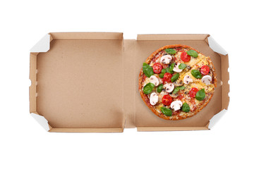 Delivery box with delicious pizza on white background.