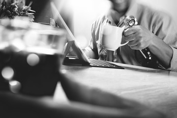 Medical doctor team taking coffee break.using digital tablet doc