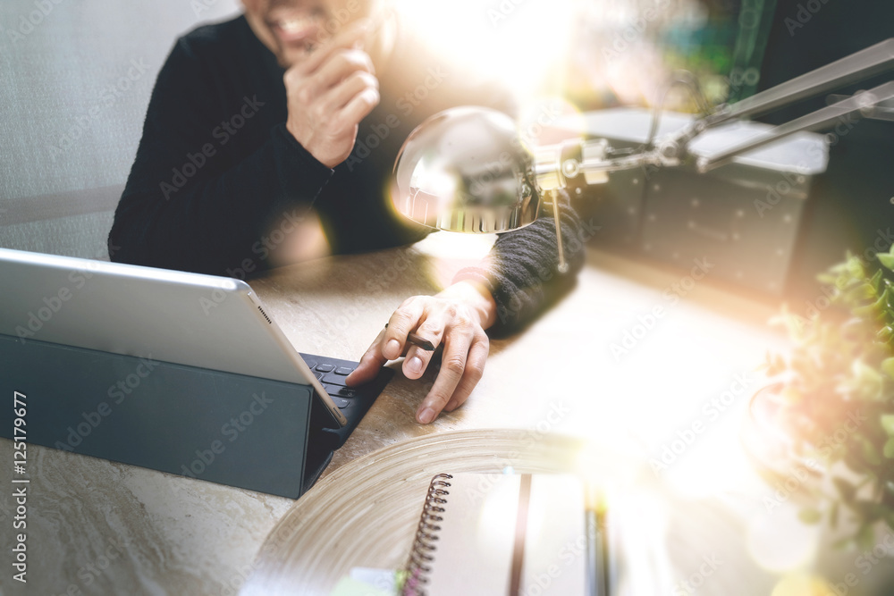 Poster Man using VOIP headset with digital tablet computer docking smar