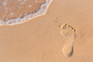 Shiny, perfect foots imprint in sand on the beach in summer in the morning. Focus point on the feet...