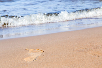 Shiny, perfect foots imprint in sand on the beach in summer in the morning. Focus point on the feet fingers.