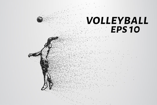 A volleyball of particles. A silhouette of a volleyball player consists of small circles and dots. Vector illustration