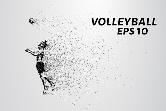 A volleyball of particles. A silhouette of a volleyball player consists of small circles and dots. Vector illustration