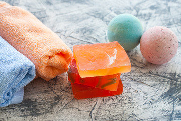 handmade soap on a table, selective focus