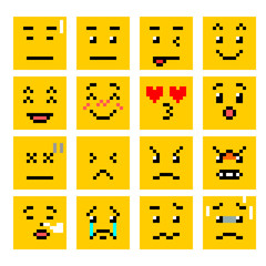 vector pixel art of square smiley emoticon set to represent various emotions