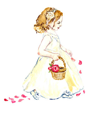 Portrait of little girl in white dress with flowers in blonde hair walking along and scattering petals of red rose from basket, design for wedding, isolated hand painted watercolor illustration