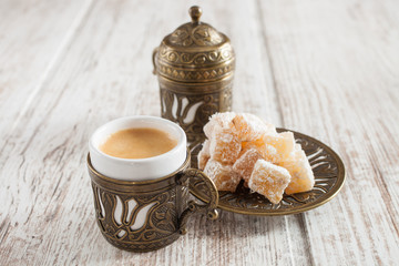 coffee and the Turkish delight  on a table, selective focus