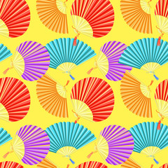 seamless pattern colorful Japanese fan of on a yellow background
