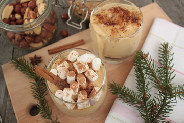 banana smoothie with marshmallows and chocolate. delicious Breakfast on Christmas eve.