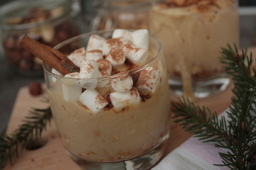 banana smoothie with marshmallows and chocolate. delicious Breakfast on Christmas eve.