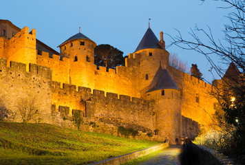 Fototapeta na wymiar Medieval fortress walls in evening time. Carcassonne