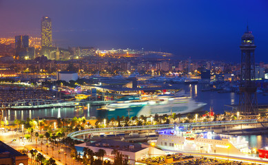 Port Vell and  Barcelona in evening