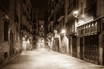 Schilderijen op glas night view of Old street at   Barcelona © JackF