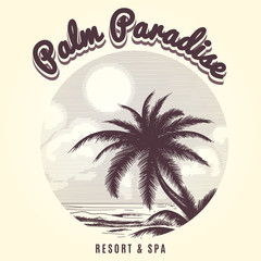 Naklejka premium Hand drawn palm tree and ocean front sketch logo. Vector illustration