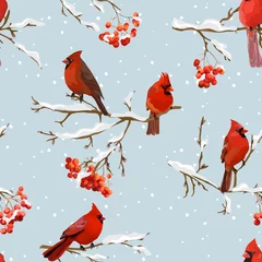 Behang Winter Vogels Met Rowan Bessen Retro Achtergrond - Naadloos Patroon © wooster