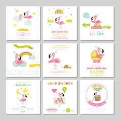 Fototapeta na wymiar Baby Shower or Arrival Card - Baby Flamingo Girl Big Set - in vector
