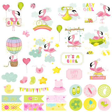 Baby Girl Flamingo Scrapbook Set. Vector Scrapbooking. Decorative elements