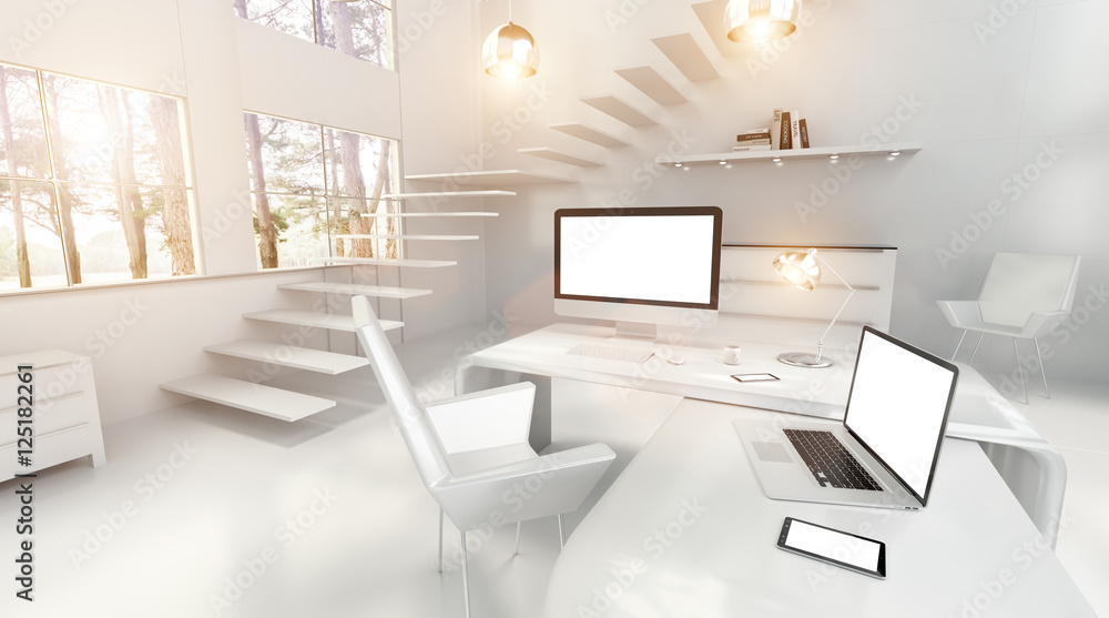 Poster modern white office interior with computer and devices 3d render