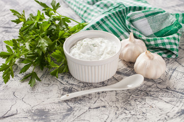sauce with fennel in a bowl on a table, selective focus
