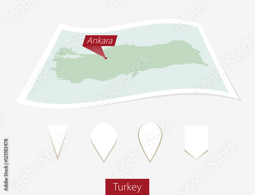 Curved Paper Map Of Turkey With Capital Ankara On Gray Background