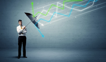 Business person with umbrella and stock market arrows concept