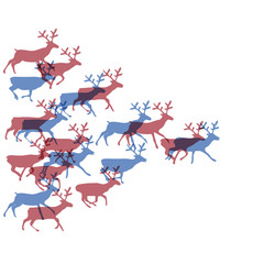Christmas deers running in herd together. Silhouette illustration.