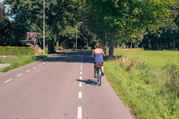 Fototapeta premium Rear view of woman cycling on rural road. Winterswijk. Achterhoek.