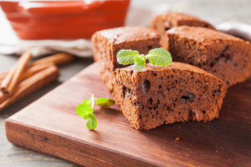 chocolate cake on a table, selective focus