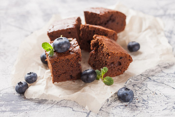 Brownie stack, chocolate cake on a  table. selective focus