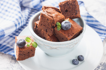 chocolate cake in a bowl on a table, selective focus