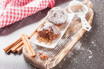chocolate cake on a table, selective focus