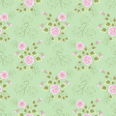 Floral seamless pattern , cute pink flowers light green background. For printing on fabric and paper.