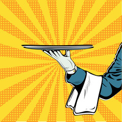 waiter hand tray presentation pop art retro vector © Brazhyk