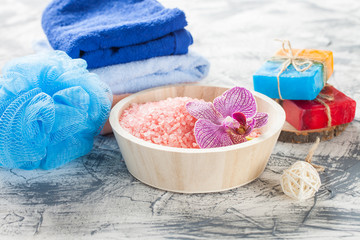 bath salt and handmade soap   on a table, selective focus