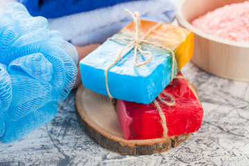 bath salt and handmade soap   on a table, selective focus
