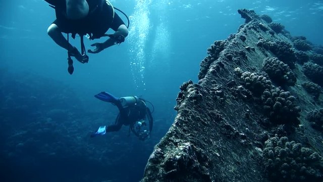 Divers visiting the wreck Giannis D, Red Sea, Sharm el Sheikh, Egypt