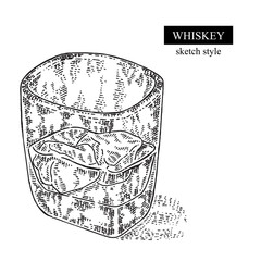 Whiskey drink. Hand drawn glass of whiskey. Engraving style. Vector