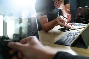 StartUp Programming Team. Website designer working digital table