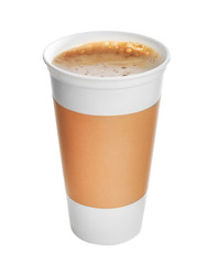 Coffee-to-go. Opened paper cup of coffee isolated on white