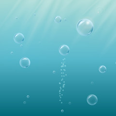 Deep sea with bubbles, sprays and shiny rays underwater. Blue realistic vector EPS10 background.