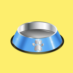 Pet dish. Empty metallic cat plate. Blue chrome shiny food bowl with a paw. Pet supply on yellow background. Black edging. Vector EPS10 realistic illustration.