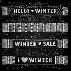Winter Special banner or label with knitted woolen scarves. Business seasonal shopping concept sale.