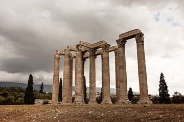 Olympian Zeus temple on the  Athens with dramatic sky, Greece