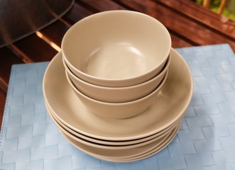 Set of Brown Ceramic Dishes, Bowls and Plates