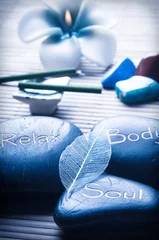Aluminium Prints Spa Candle and healing stones with soul, body and relax  like a concept for wellness and mindfulness 