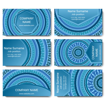 Set of vector visiting card with mandala. Geometric mandala pattern and ornaments. Front page and back page.
