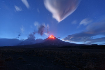 Night view of eruption Klyuchevskoy Volcano. Kamchatka Peninsula