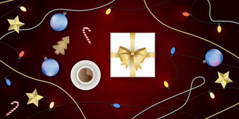 Vector set of christmas decoration, top view. Gift box, Christmas tree garland, christmas ball, ginger cookie, candy cane, gold stars, cup of hot tea or chocolate, Christmas beads and colorful lights
